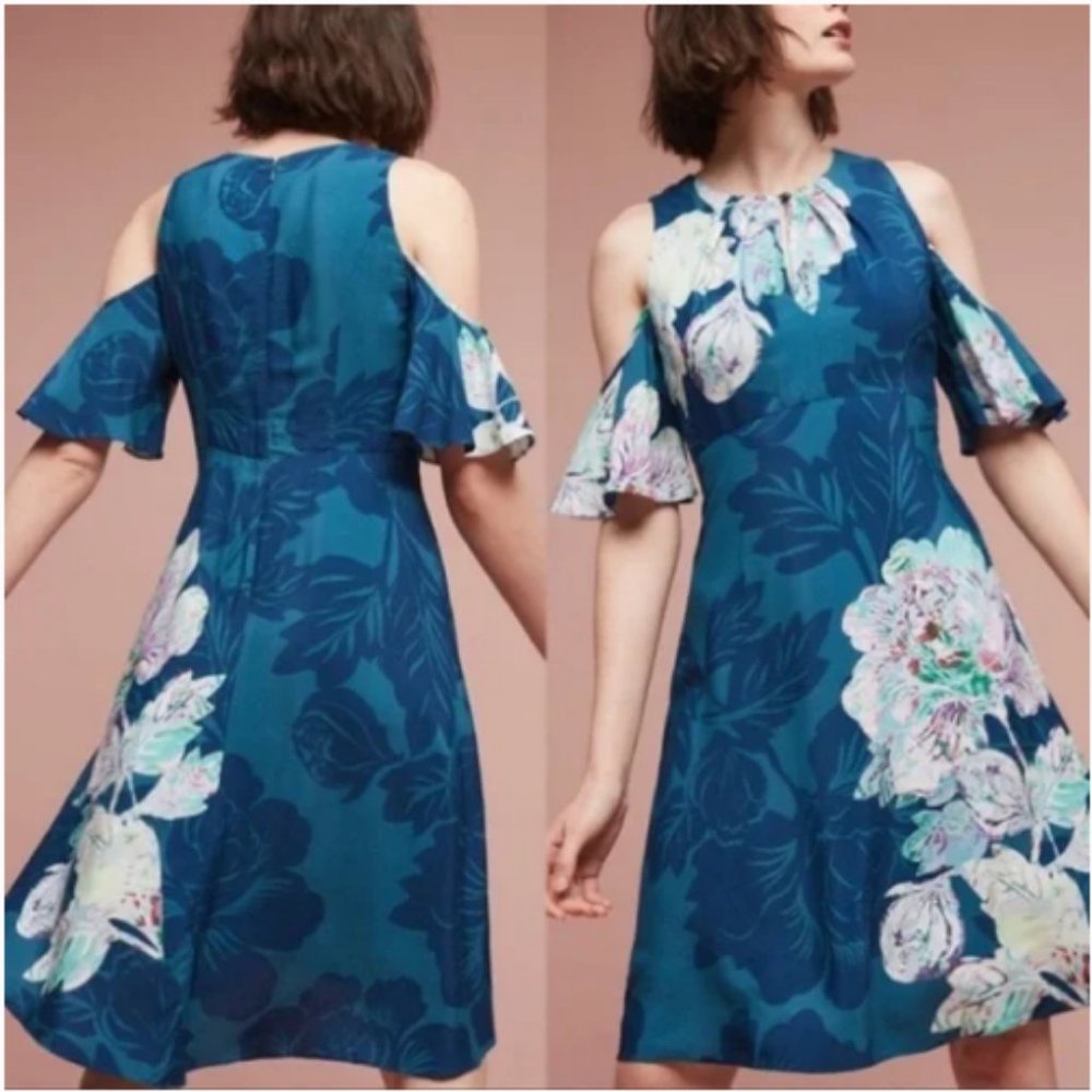 NWT Anthropologie Maeve Ella Turquoise Floral Cold Shoulder Dress